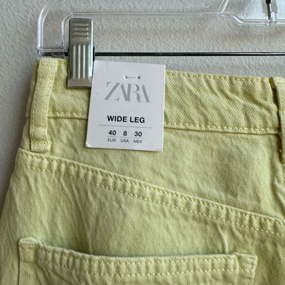 NWT Zara Wide Flare Leg Green Yellow Solid Wash Raw Hem Jeans High Rise Size 8 - Picture 4 of 5